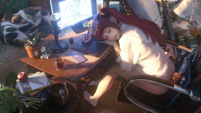 动漫女孩 玩游戏 睡觉4K壁纸